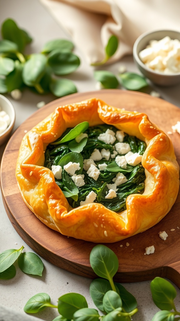 Flaky spinach and feta stuffed puff pastry on a wooden board, garnished with sesame seeds and surrounded by fresh spinach and feta.